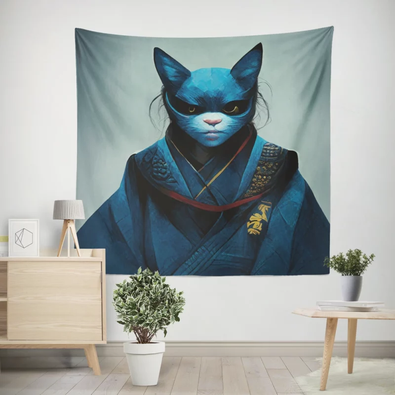 Samurai Cat Warrior Portrait Wall Tapestry