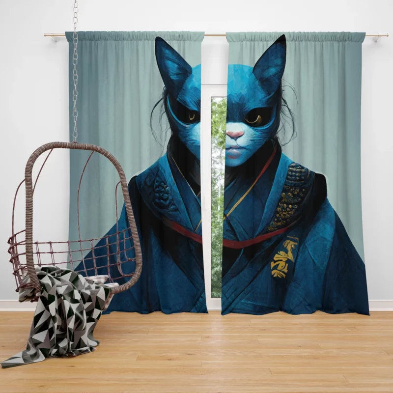 Samurai Cat Warrior Portrait Window Curtain