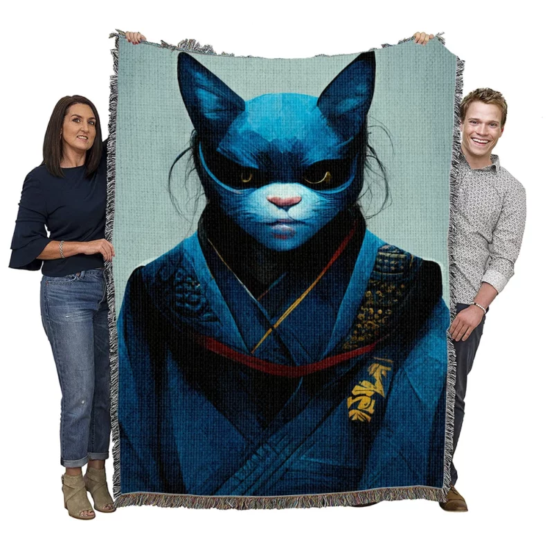 Samurai Cat Warrior Portrait Woven Blanket