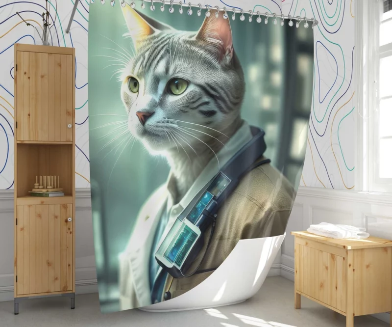 Scientist Cat in a Robot Suit Shower Curtain 1