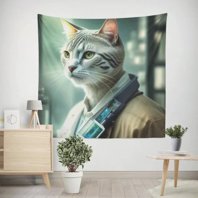 Scientist Cat in a Robot Suit Wall Tapestry