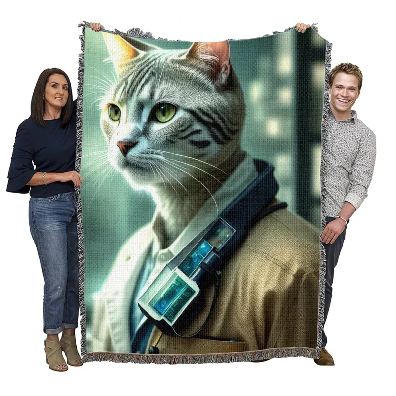 Scientist Cat in a Robot Suit Woven Blanket