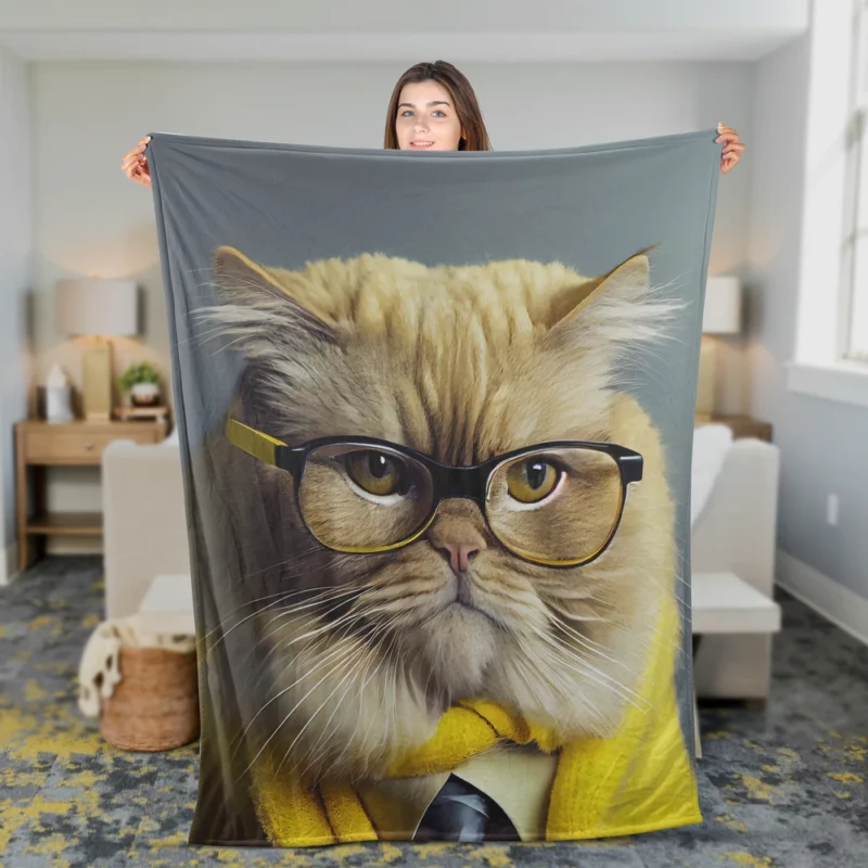Smart Professor Cat Illustration Fleece Blanket 2
