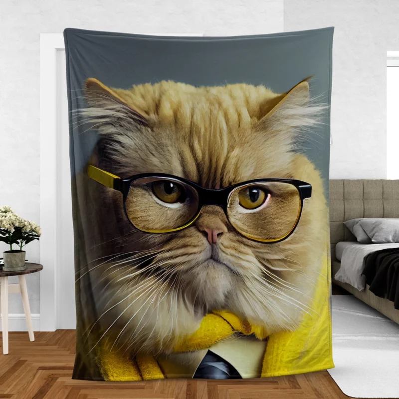 Smart Professor Cat Illustration Fleece Blanket