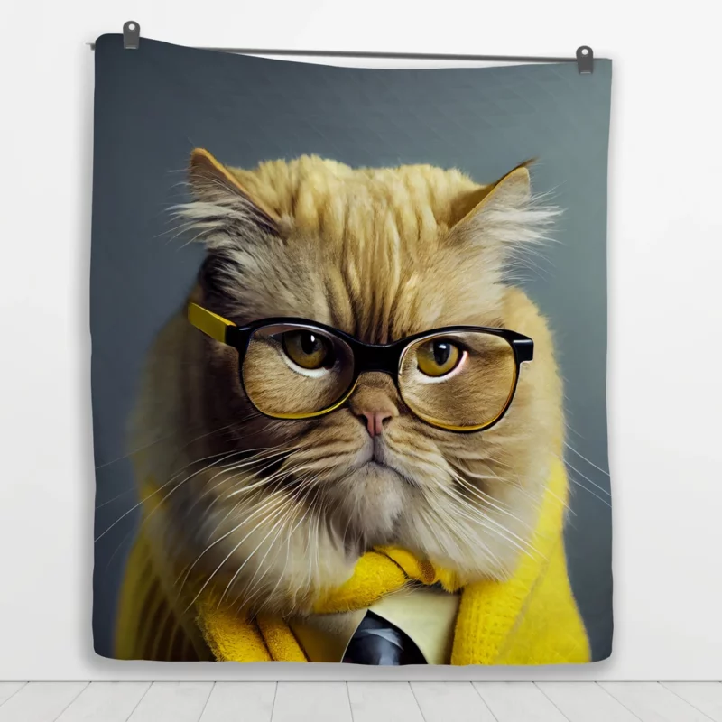 Smart Professor Cat Illustration Quilt Blanket 1