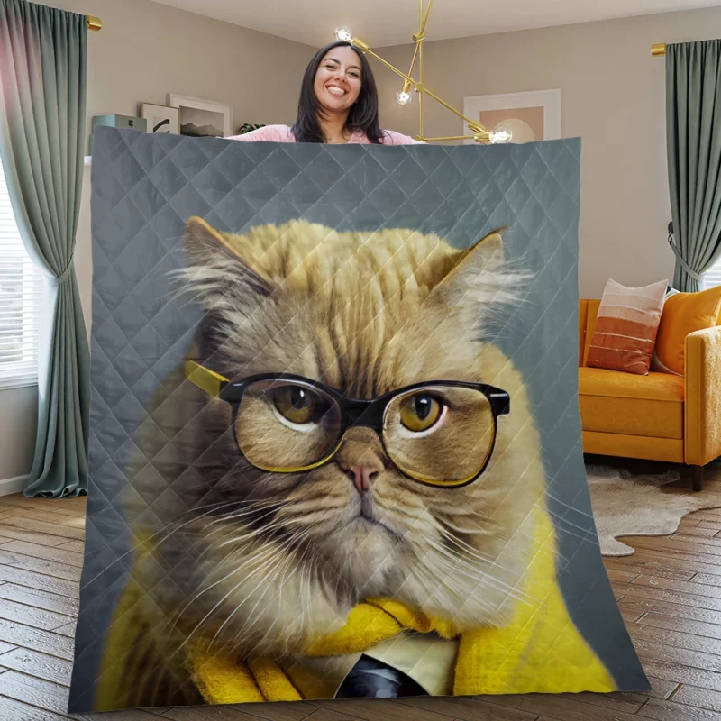 Smart Professor Cat Illustration Quilt Blanket
