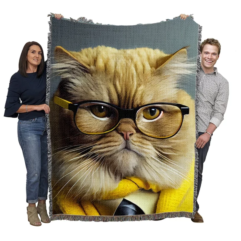 Smart Professor Cat Illustration Woven Blanket
