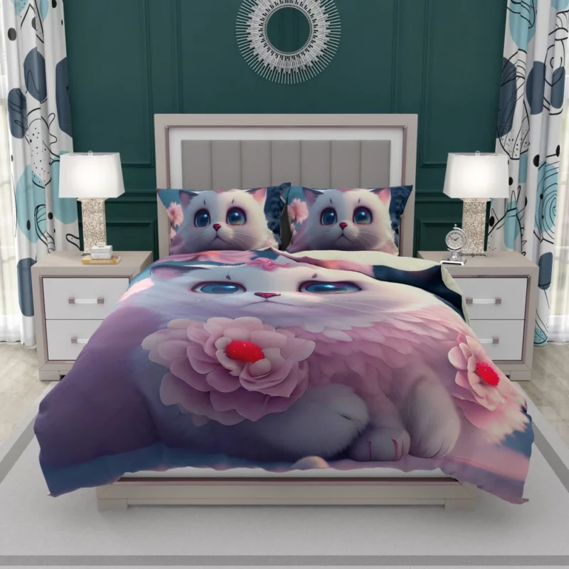 Snow White Baby Cat with Fluffy Tail Bedding Set 1