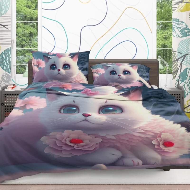 Snow White Baby Cat with Fluffy Tail Bedding Set