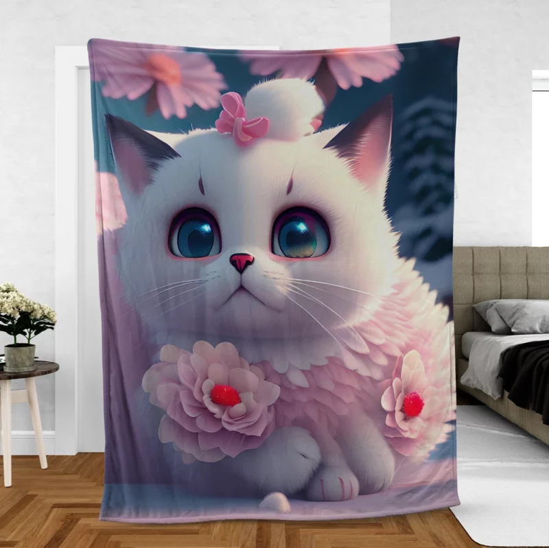 Snow White Baby Cat with Fluffy Tail Fleece Blanket