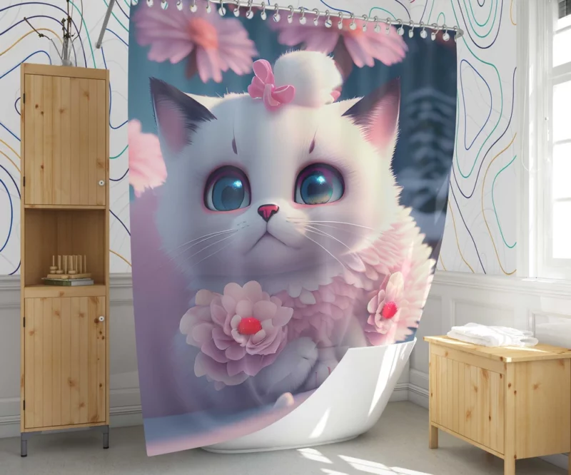 Snow White Baby Cat with Fluffy Tail Shower Curtain 1