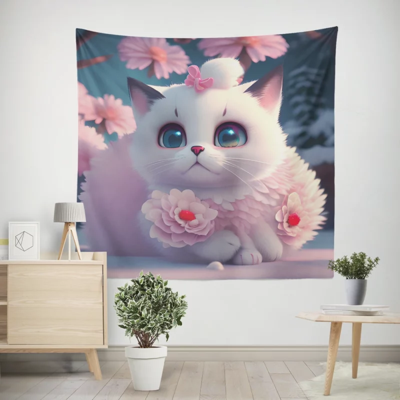 Snow White Baby Cat with Fluffy Tail Wall Tapestry