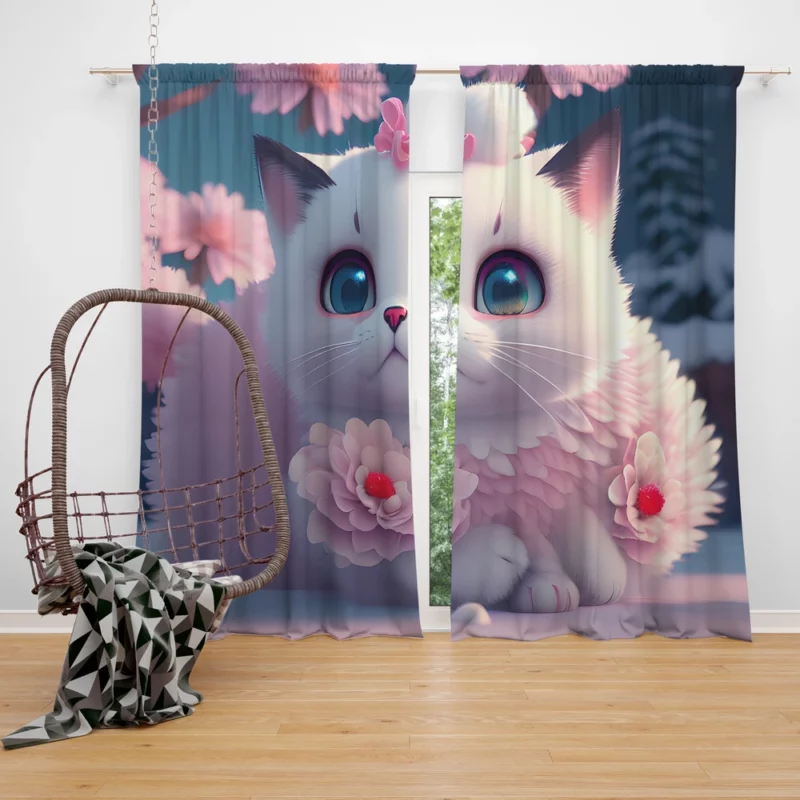 Snow White Baby Cat with Fluffy Tail Window Curtain