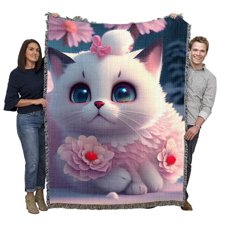 Snow White Baby Cat with Fluffy Tail Woven Blanket