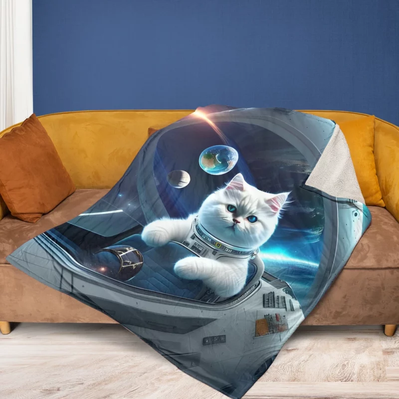 Space Ship Cat in a Space Suit Fleece Blanket 1