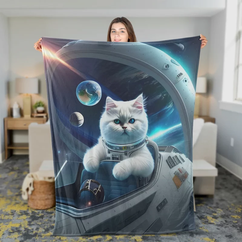 Space Ship Cat in a Space Suit Fleece Blanket 2