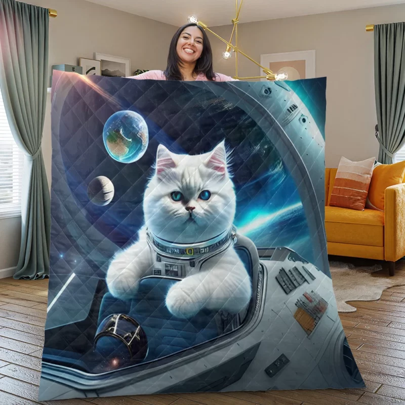 Space Ship Cat in a Space Suit Quilt Blanket