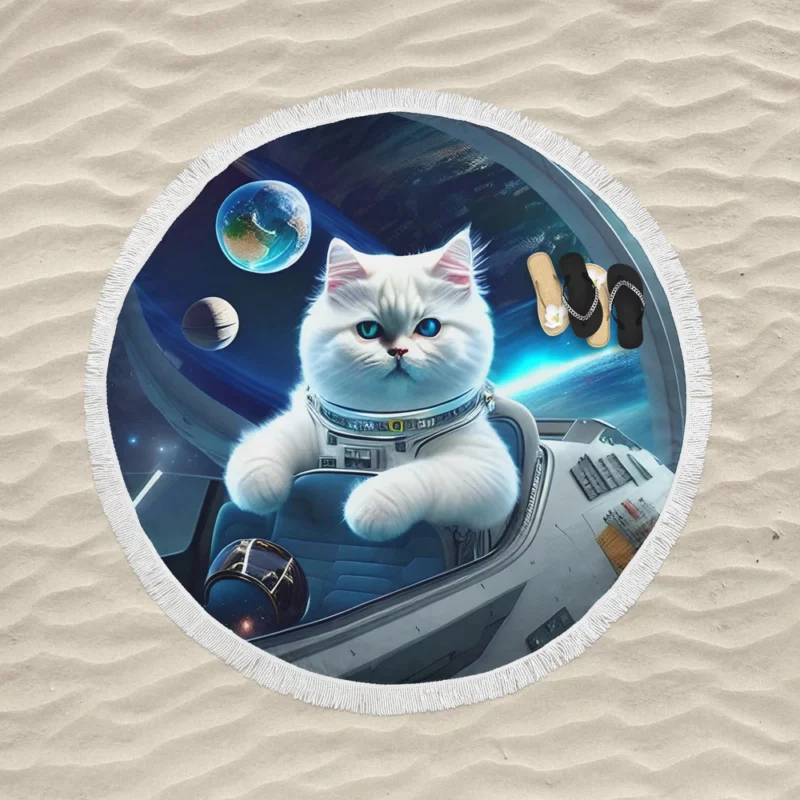 Space Ship Cat in a Space Suit Round Beach Towel