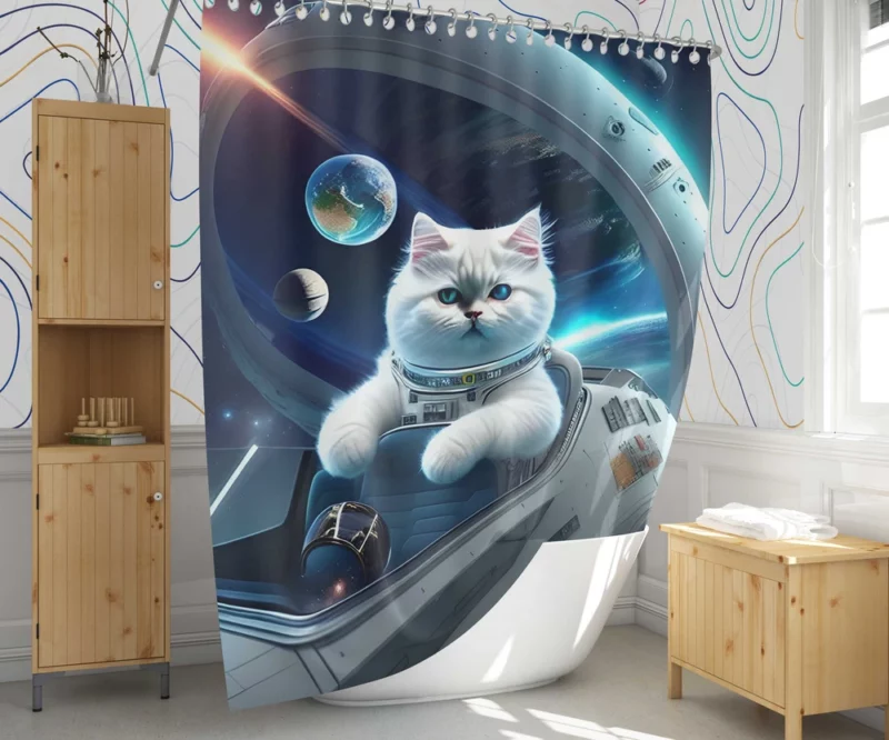 Space Ship Cat in a Space Suit Shower Curtain 1