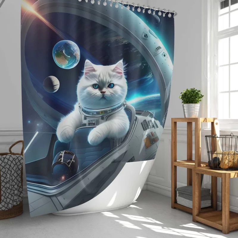 Space Ship Cat in a Space Suit Shower Curtain