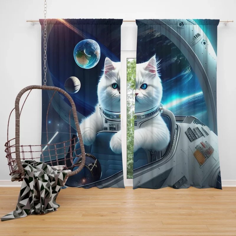 Space Ship Cat in a Space Suit Window Curtain