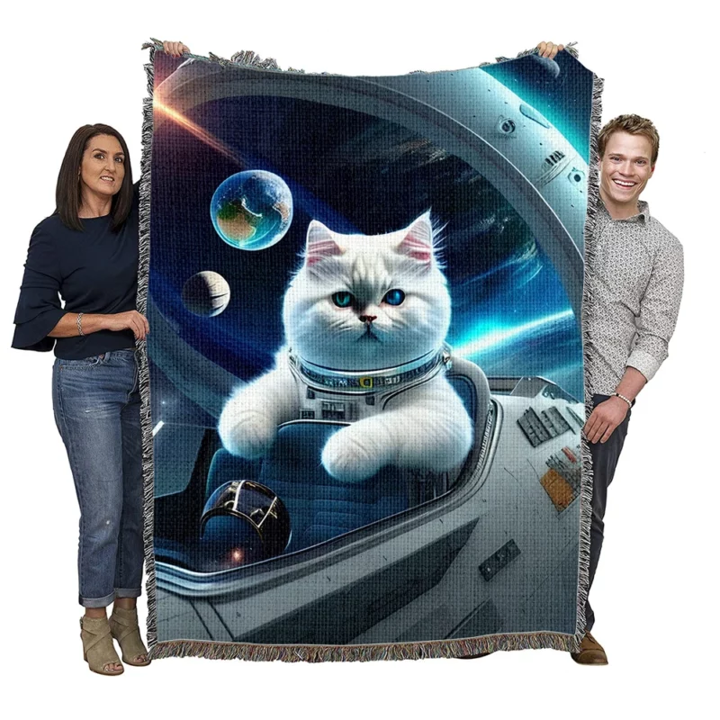 Space Ship Cat in a Space Suit Woven Blanket