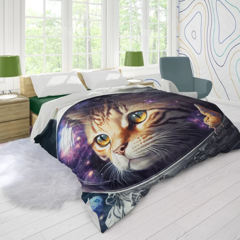 Space Suit Cat with a Space Ship Duvet Cover