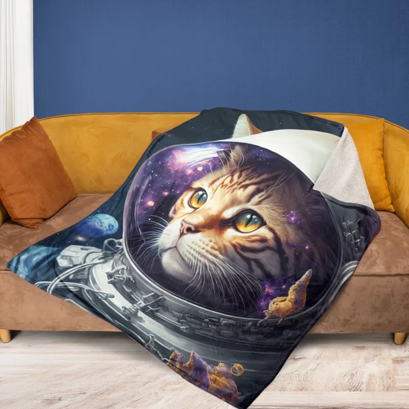 Space Suit Cat with a Space Ship Fleece Blanket 1