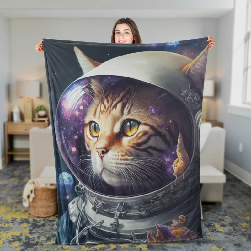 Space Suit Cat with a Space Ship Fleece Blanket 2