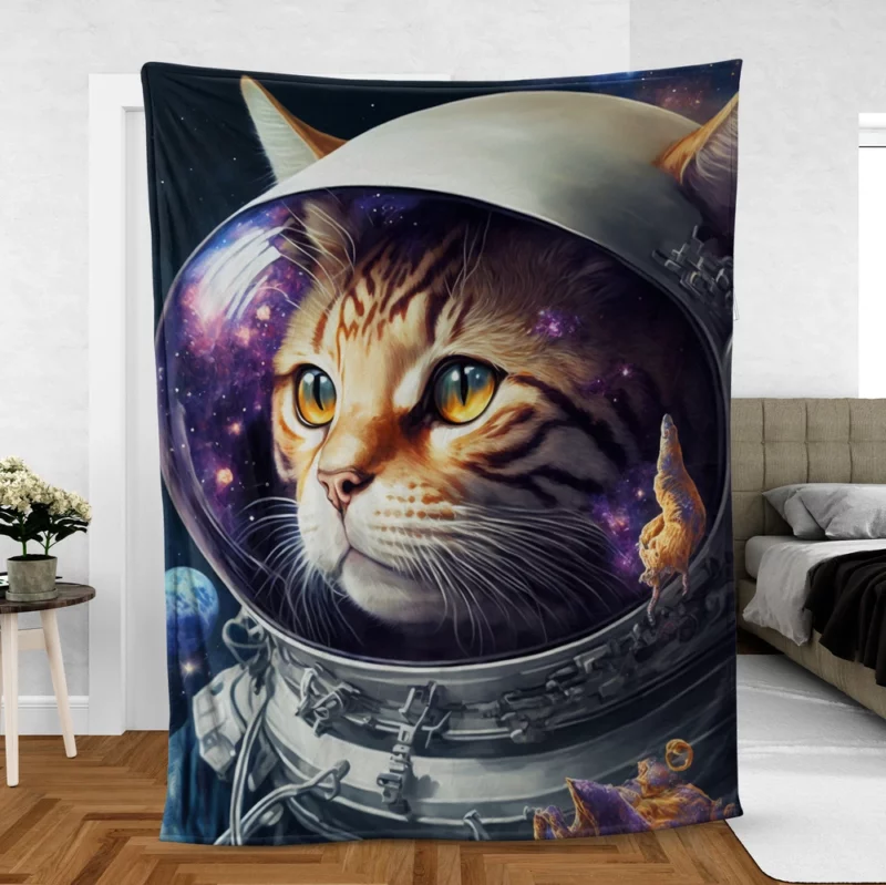 Space Suit Cat with a Space Ship Fleece Blanket