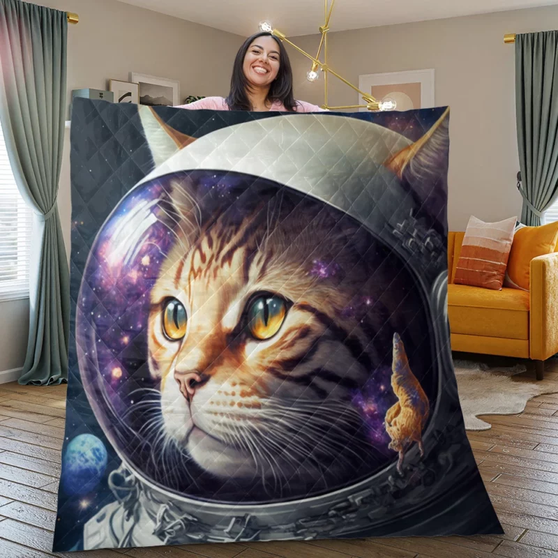 Space Suit Cat with a Space Ship Quilt Blanket