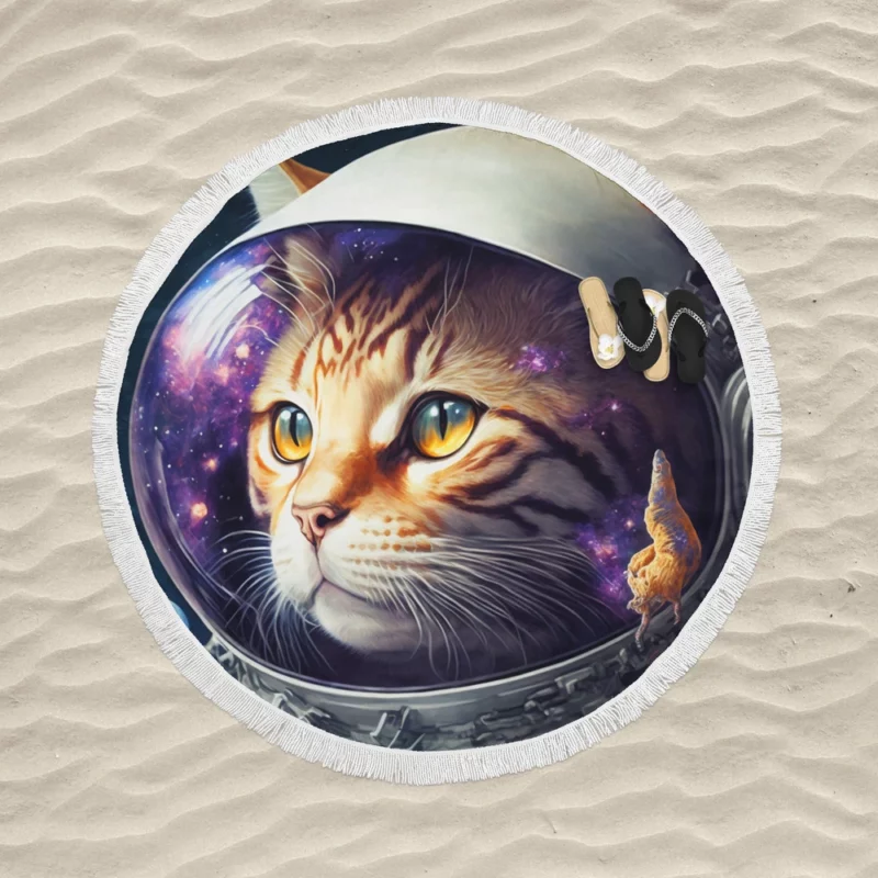 Space Suit Cat with a Space Ship Round Beach Towel