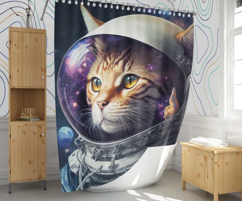 Space Suit Cat with a Space Ship Shower Curtain 1