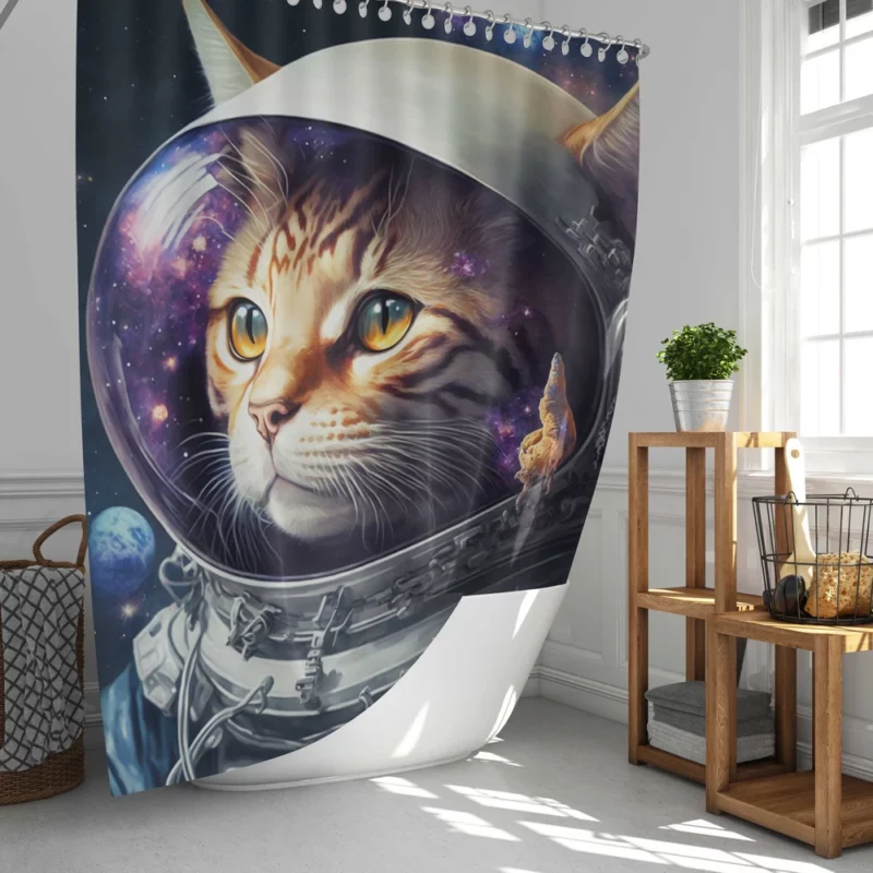 Space Suit Cat with a Space Ship Shower Curtain