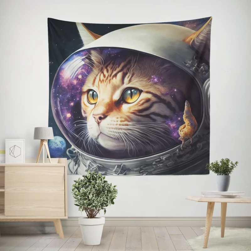 Space Suit Cat with a Space Ship Wall Tapestry