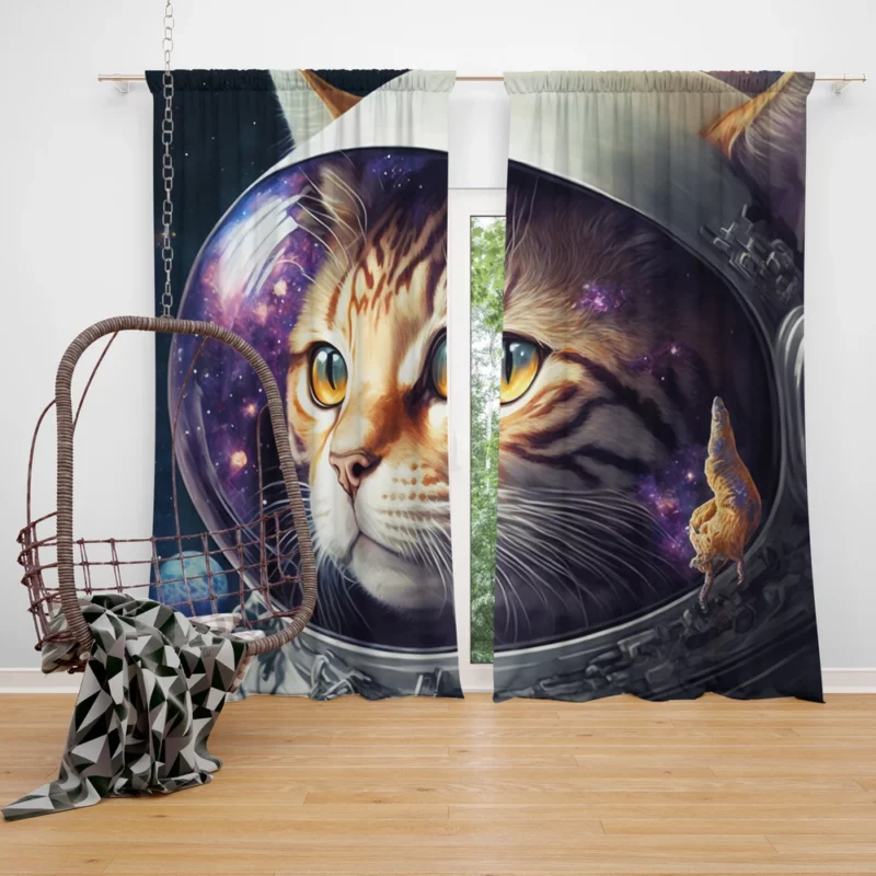 Space Suit Cat with a Space Ship Window Curtain