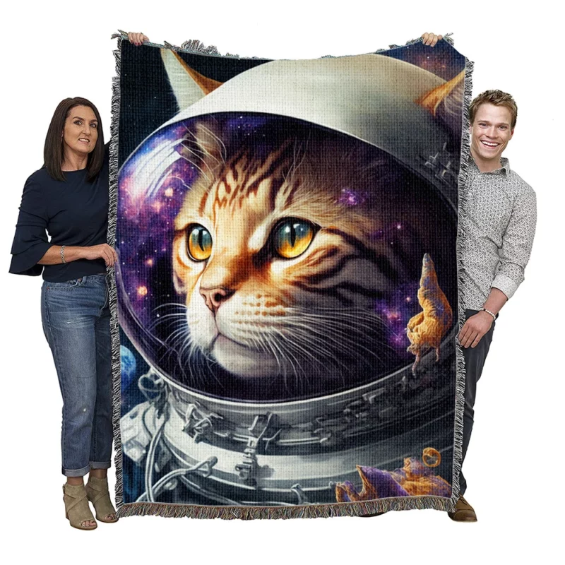 Space Suit Cat with a Space Ship Woven Blanket