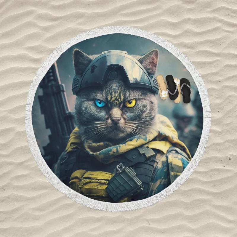 Special Forces Cat Portrait Round Beach Towel