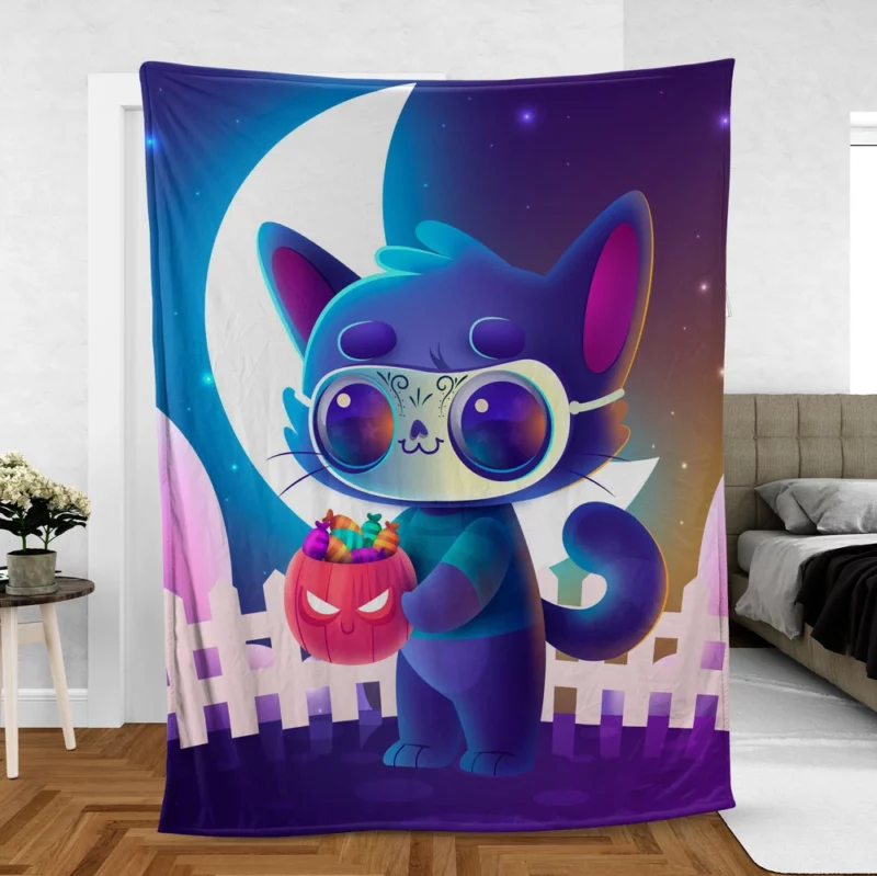 Spooky Halloween Cat Illustration Fleece Blanket