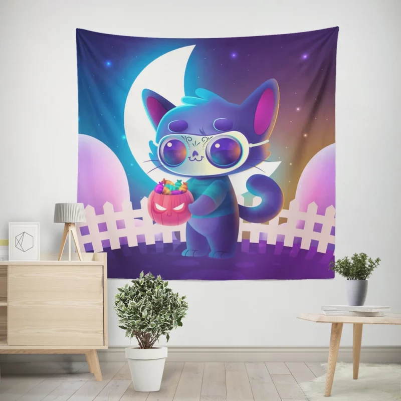 Spooky Halloween Cat Illustration Wall Tapestry