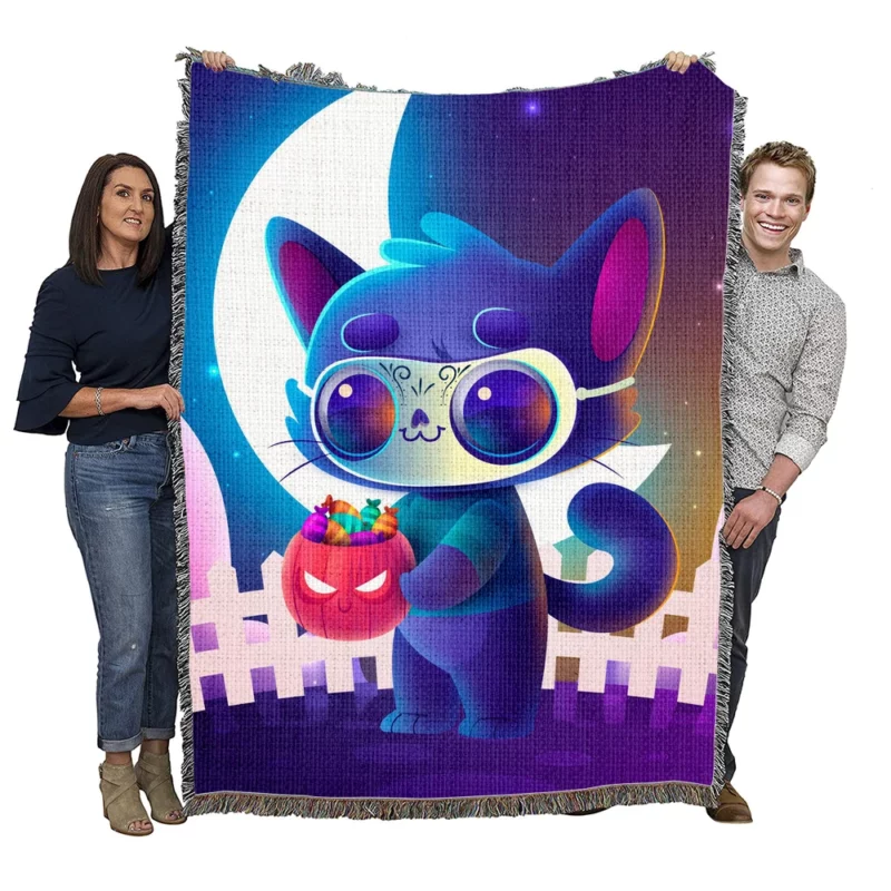 Spooky Halloween Cat Illustration Woven Blanket