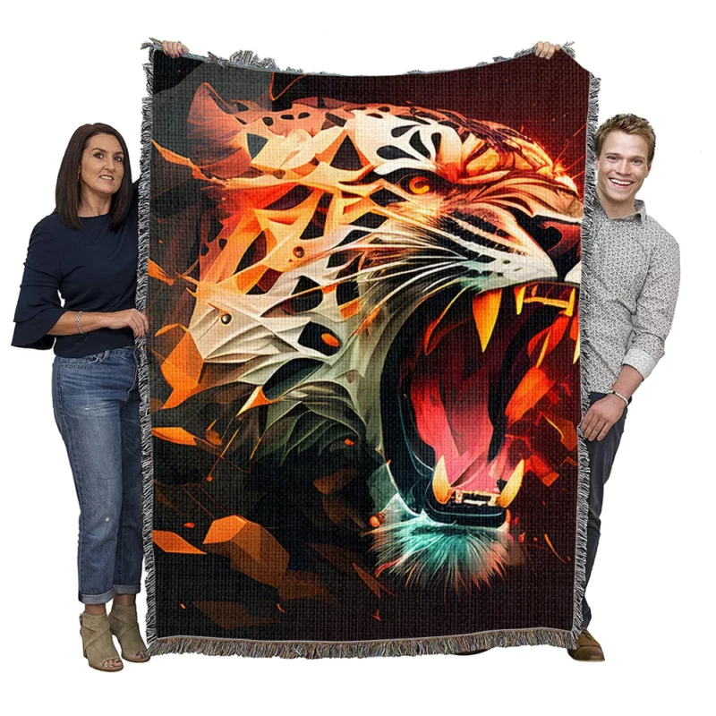 Striking Tiger on Black Red Woven Blanket