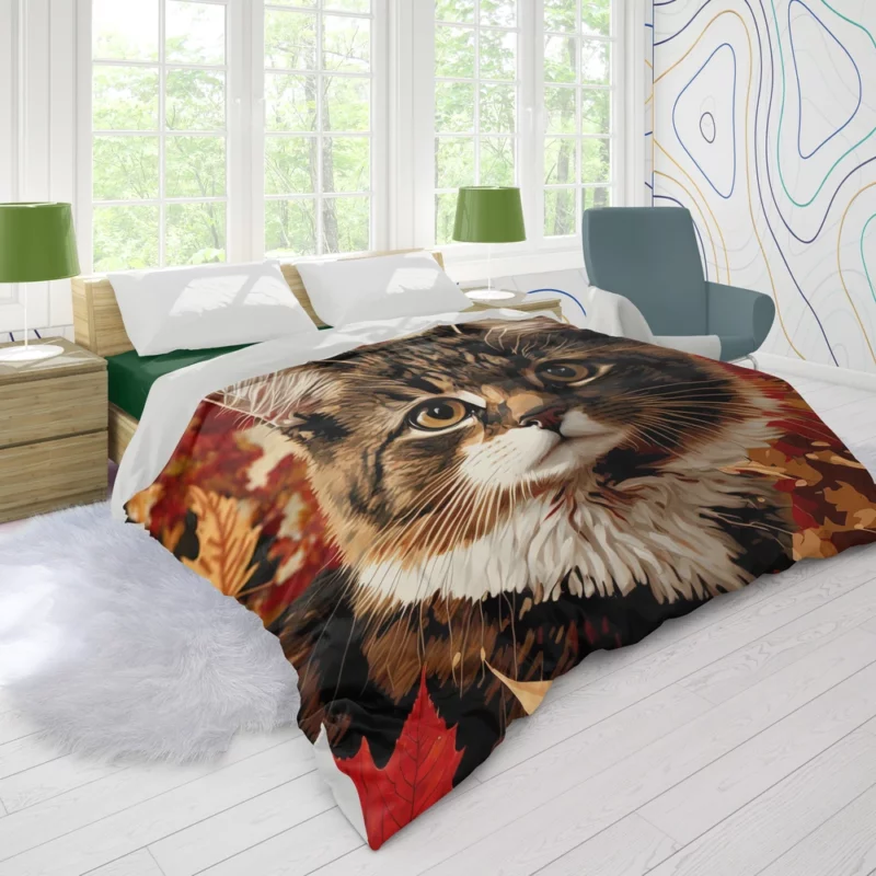 Striped Cat in the Leaves Duvet Cover