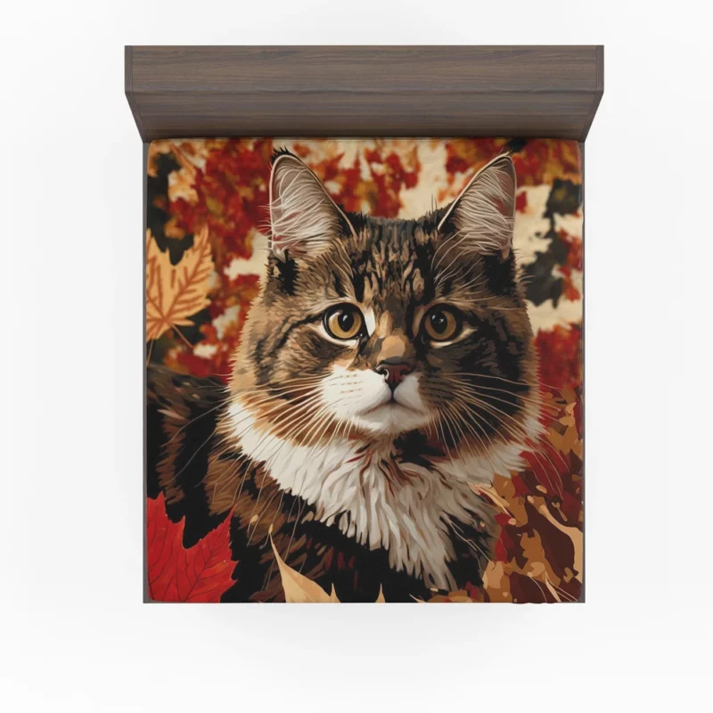 Striped Cat in the Leaves Fitted Sheet