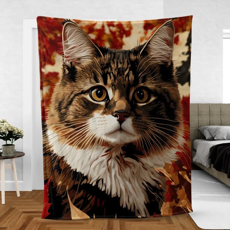 Striped Cat in the Leaves Fleece Blanket