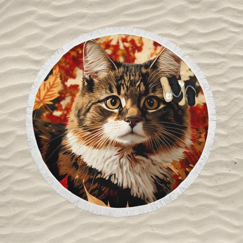 Striped Cat in the Leaves Round Beach Towel