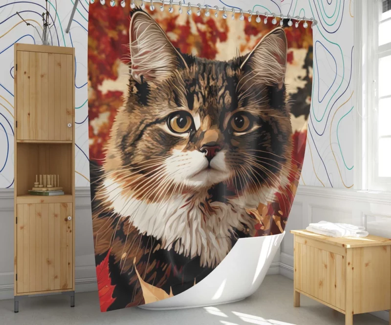 Striped Cat in the Leaves Shower Curtain 1