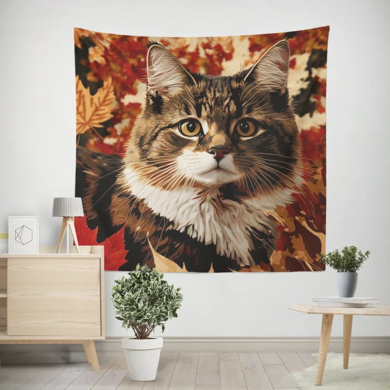 Striped Cat in the Leaves Wall Tapestry