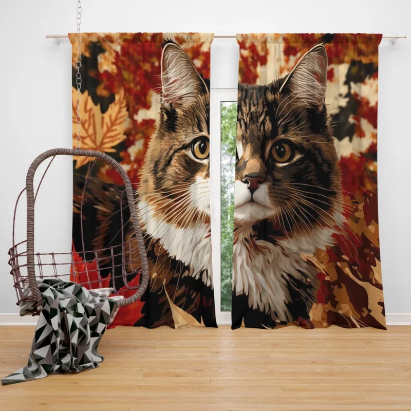 Striped Cat in the Leaves Window Curtain