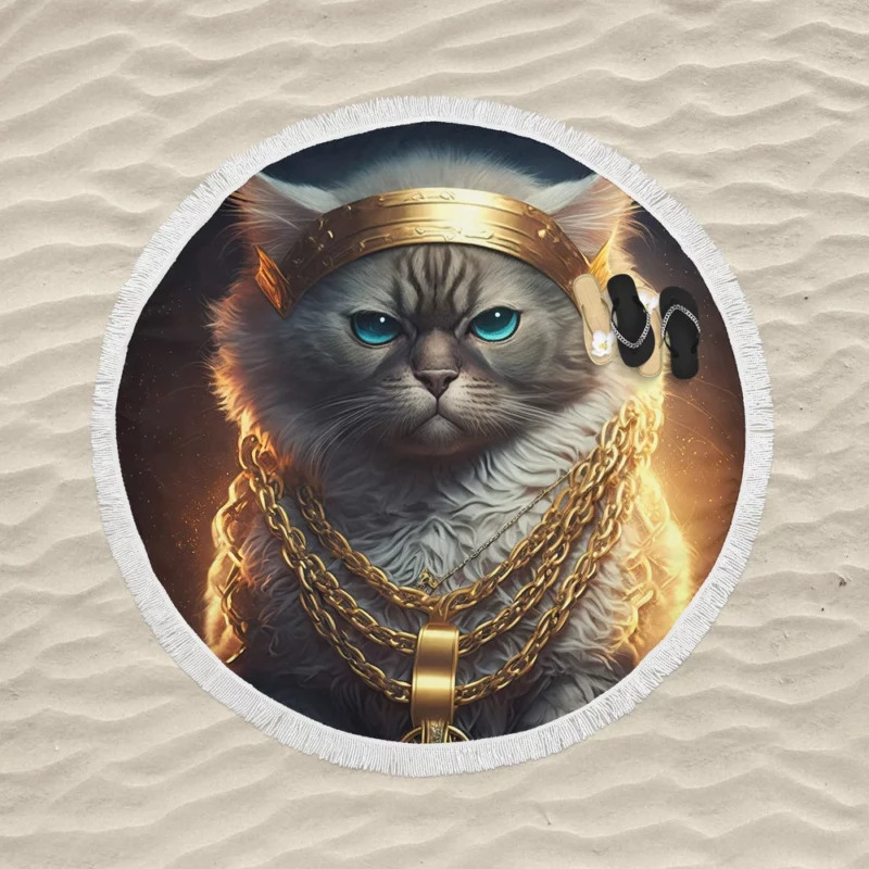 Stylish Rapper Cat with Gold Chains Round Beach Towel